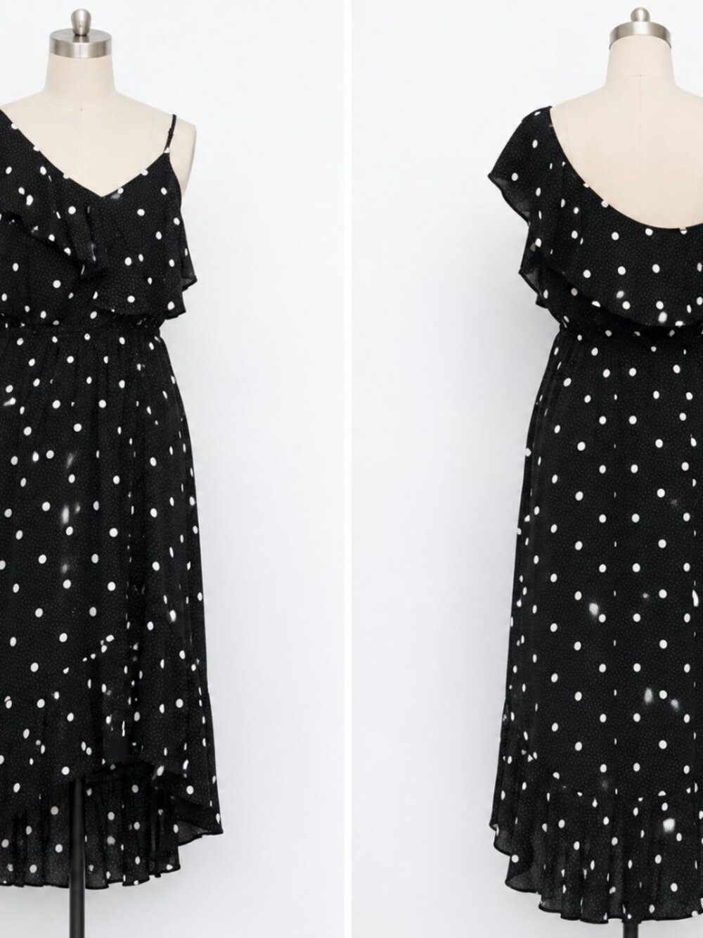 1.STATE Black Polka Dot One Shoulder High-Low Ruffle Midi Dress Size M